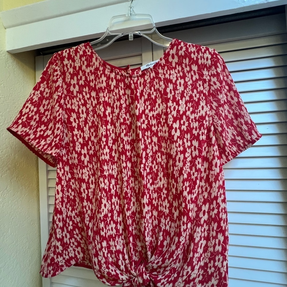 Madewell Sz M Women’s Red and Cream Short Sleeved Blouse Tie Front